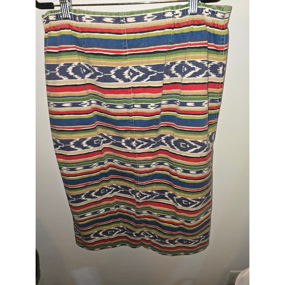 Susan Bristol Vintage Southwestern Ikat Stripe Faux Wrap Denim Midi Skirt 16